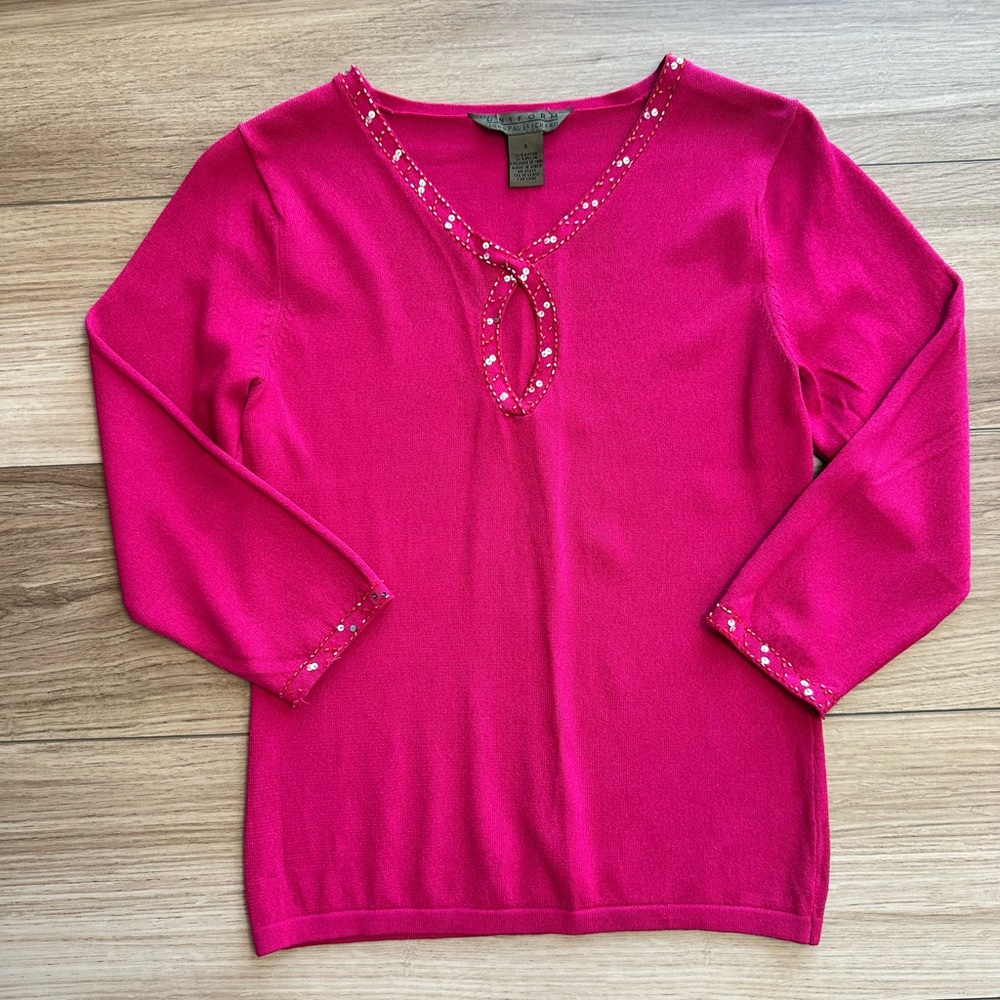 Vintage Y2K 2000s Fuchsia Fairy Sequin Beaded Keyhole Knit 3/4 Sleeve Top